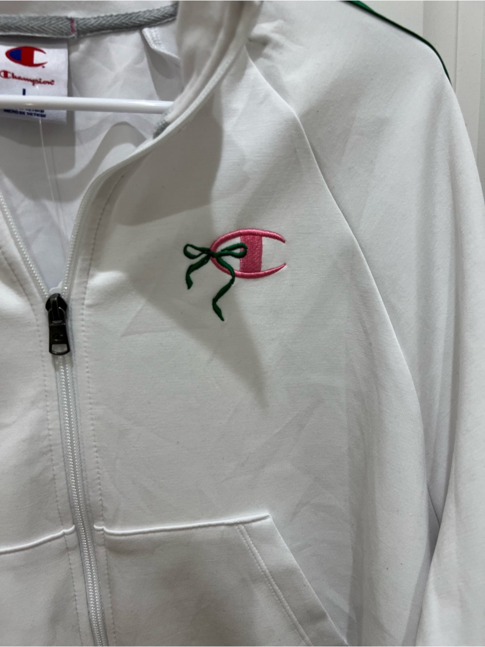Champion White Zip Jacket with Green Stripe Accents - Picture 2 of 7